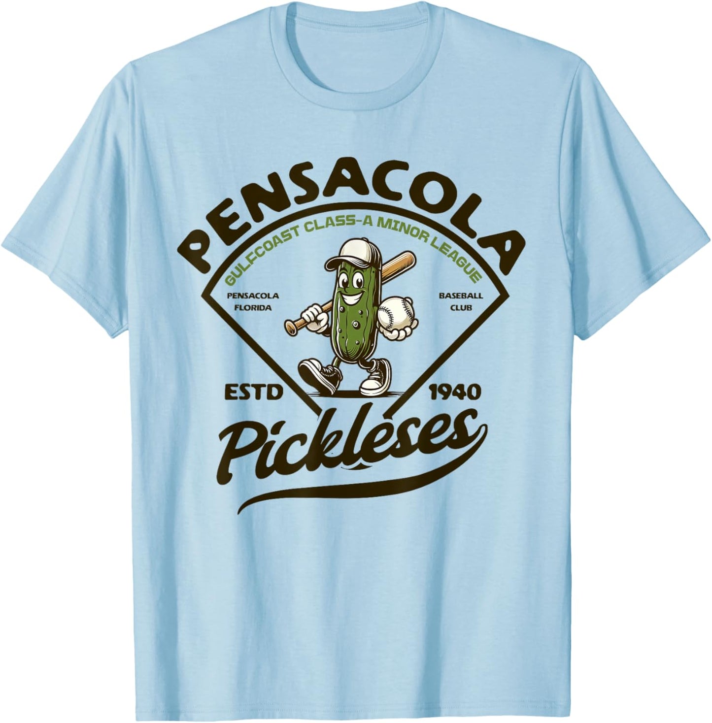 Pensacola Pickles Minor League Retro Baseball Club T-Shirt - T-Shirt | Light Blue