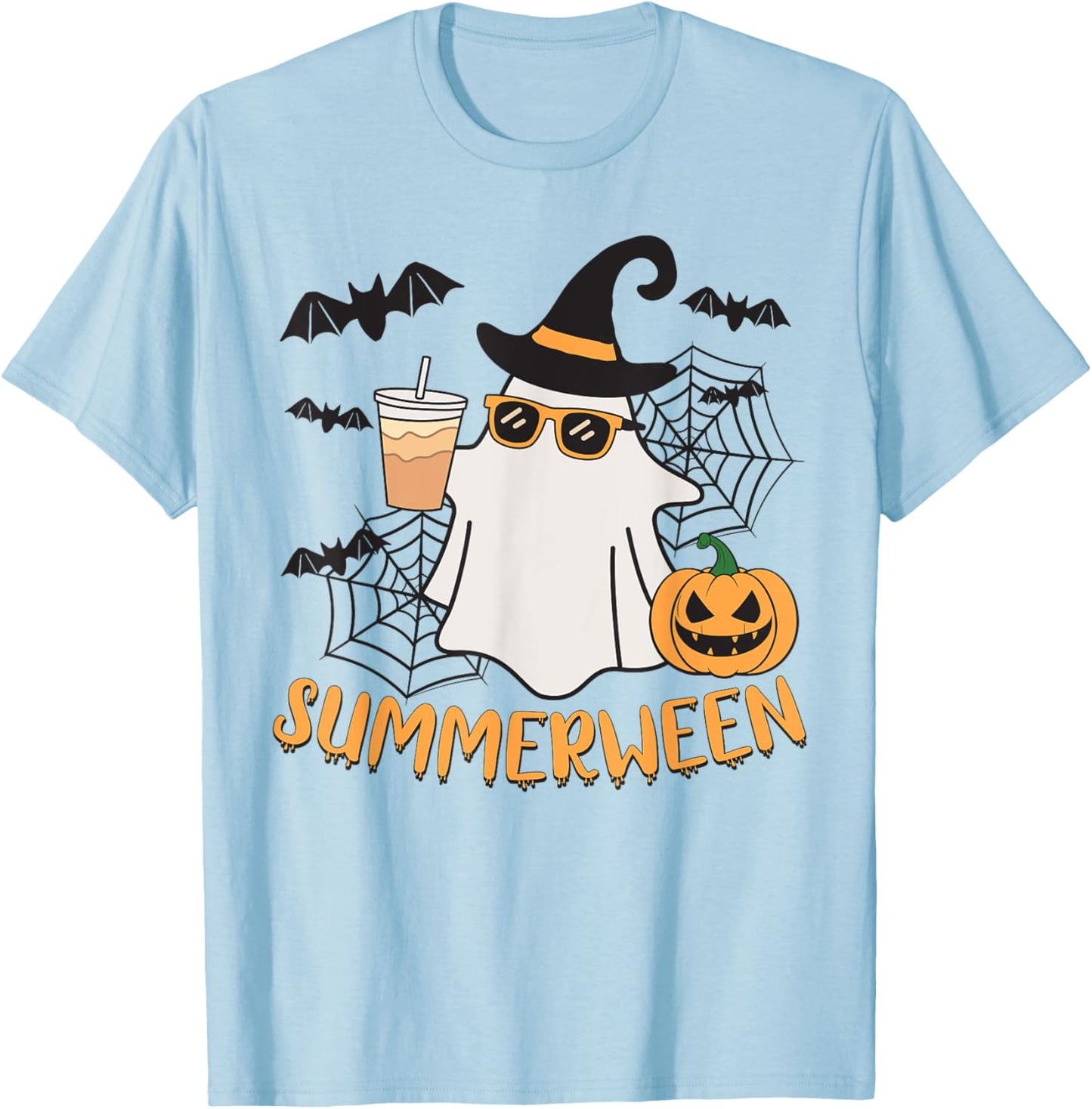 Summerween Vibes Ghost Pumpkin Spooky Beach Summer Halloween Men Women Kids T-Shirt - T-Shirt | Light Blue