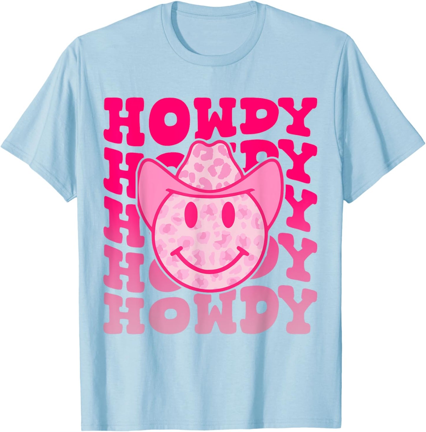 Western Country Cow Howdy Leopard Smile Face Cowgirl Rodeo T-Shirt - T-Shirt | Light Blue