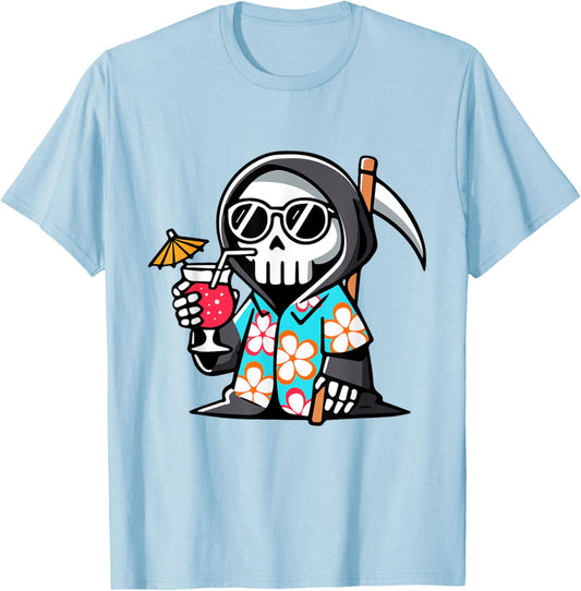 Funny Grim Reaper Hawaiian Summerween Summer Halloween T-Shirt - T-Shirt | Light Blue