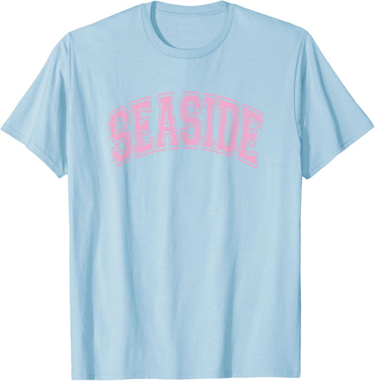 Seaside Arched Style Text White with Pink Print T-Shirt - T-Shirt | Light Blue