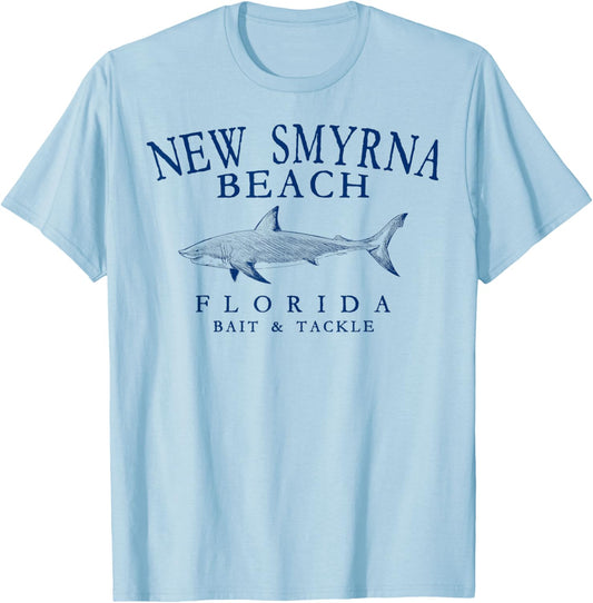 New Smyrna Beach Florida Shark Arched Navy Blue Letters T-Shirt - T-Shirt | Light Blue