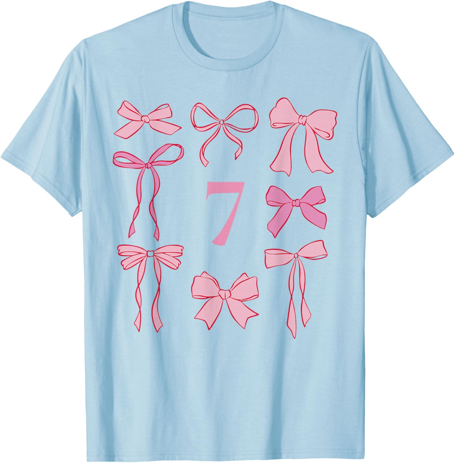 Hello Seven Coquette Preppy Pink Bow 7th Birthday Girl T-Shirt - T-Shirt | Light Blue