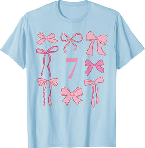 Hello Seven Coquette Preppy Pink Bow 7th Birthday Girl T-Shirt - T-Shirt | Light Blue
