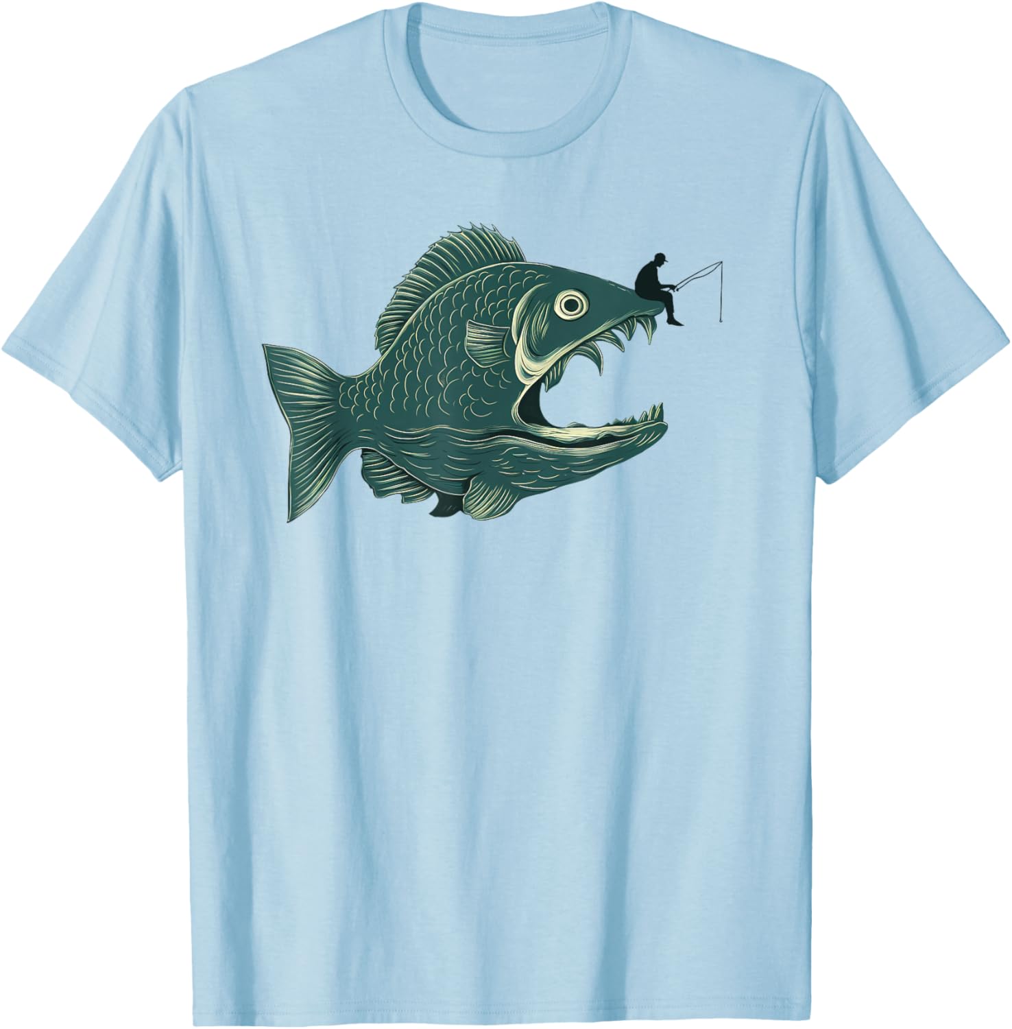 Funny Fishing Big Funny Fish with Fisherman Fishing T-Shirt - T-Shirt | Light Blue