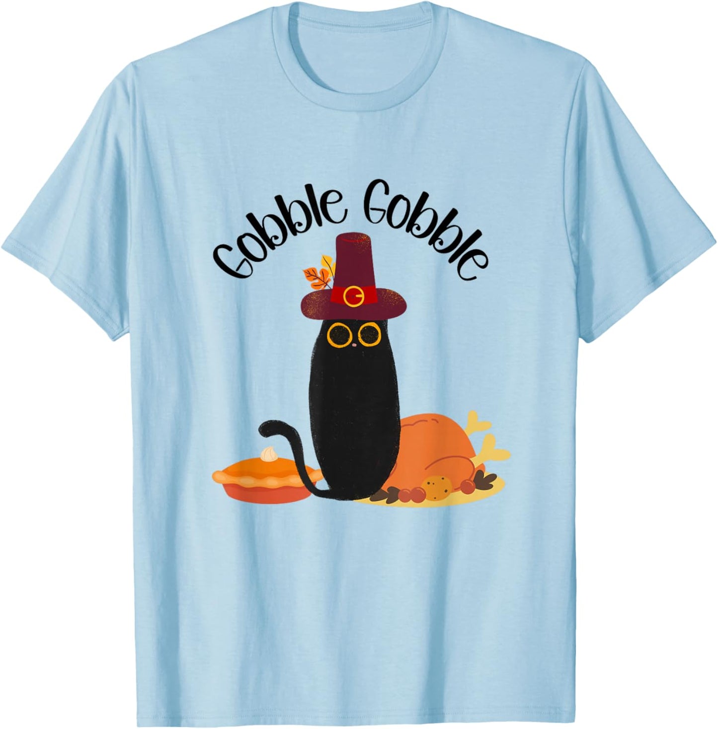 Thanksgiving Black Cat Gobble Gobble Cat Men Women Kids T-Shirt - T-Shirt | Light Blue