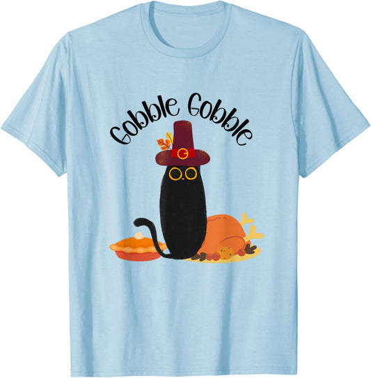 Thanksgiving Black Cat Gobble Gobble Cat Men Women Kids T-Shirt - T-Shirt | Light Blue