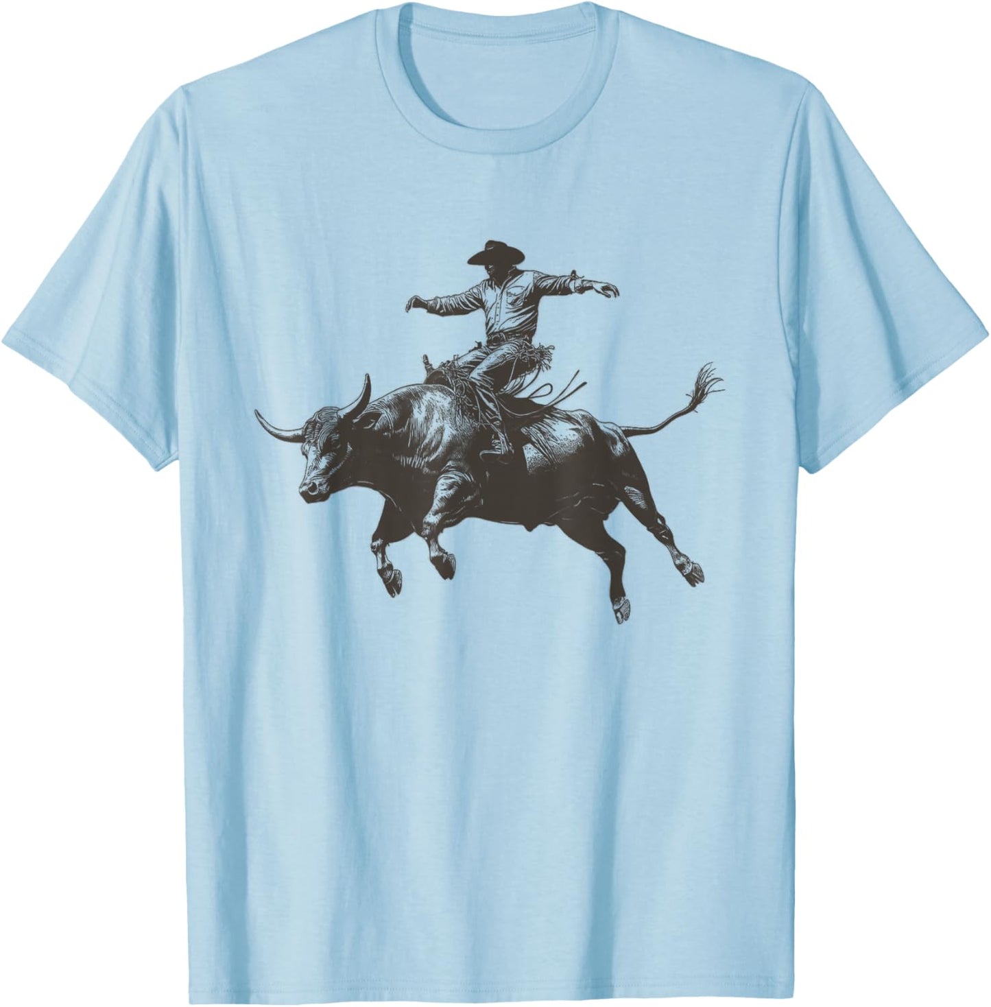Vintage Cowboy Festival Country Music Concert Grey Cowboy Riding Bull - -Adults & Kids - Short Sleeve - Classic Fit - - Small T-Shirt - T-Shirt | Light Blue
