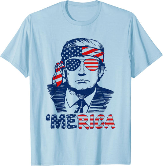 'MERICA TRUMP Happy 4th Of July Trump American Flag Funny Women Men T-Shirt - T-Shirt | Light Blue