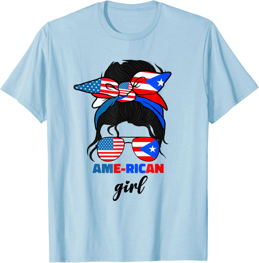 Half American And Puerto Rican Rico Flag Mix Girl Ame Rican T-Shirt - T-Shirt | Light Blue
