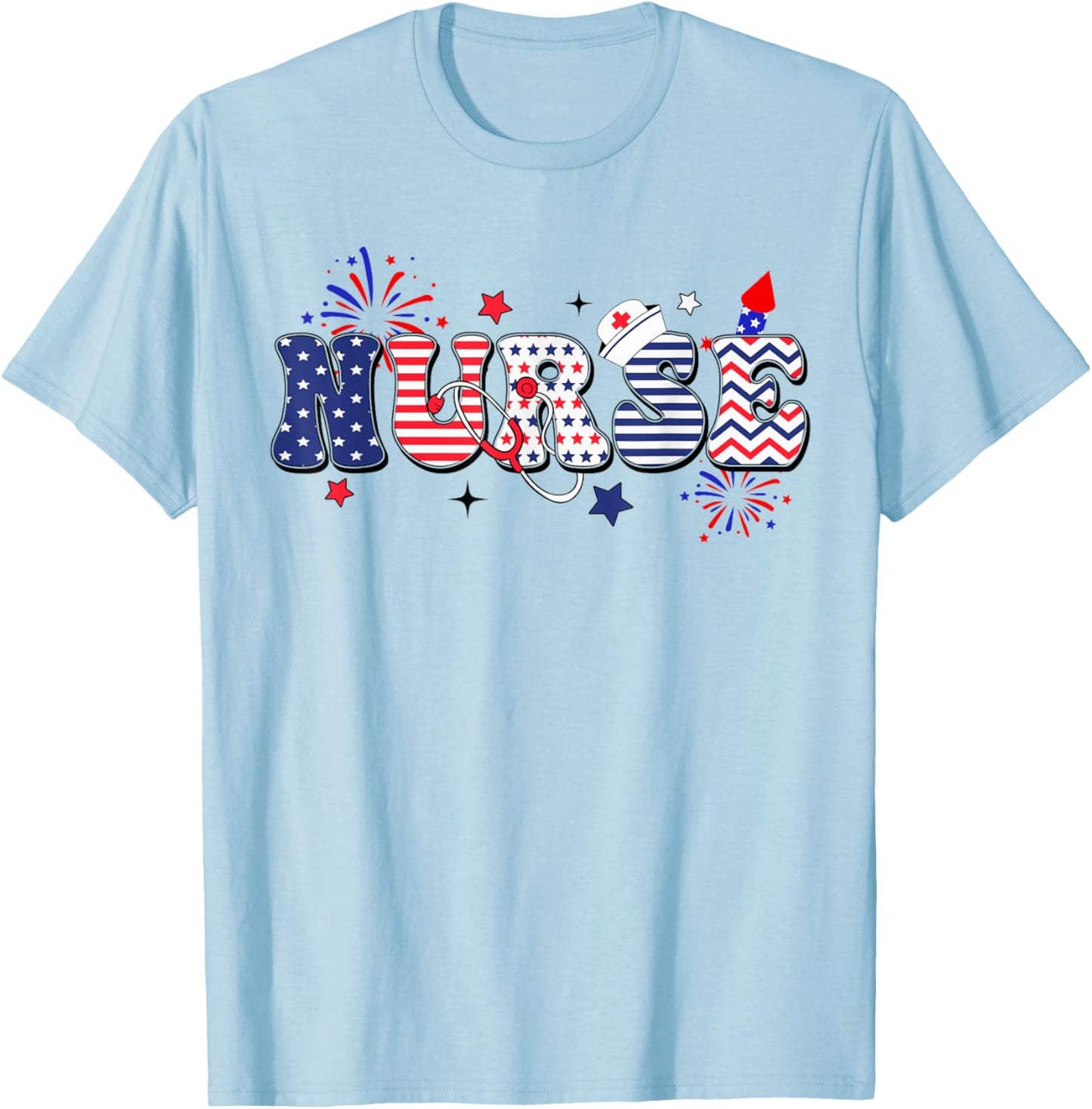 Nurse Patriotic 4th Of July Women Men T-Shirt - T-Shirt | Light Blue