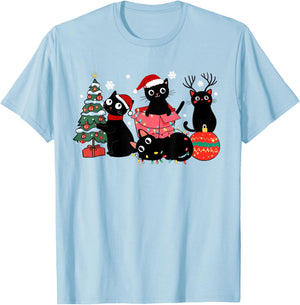 Meowy Christmas Black Cats Play Christmas Tree Lights Cats T-Shirt - T-Shirt | Light Blue