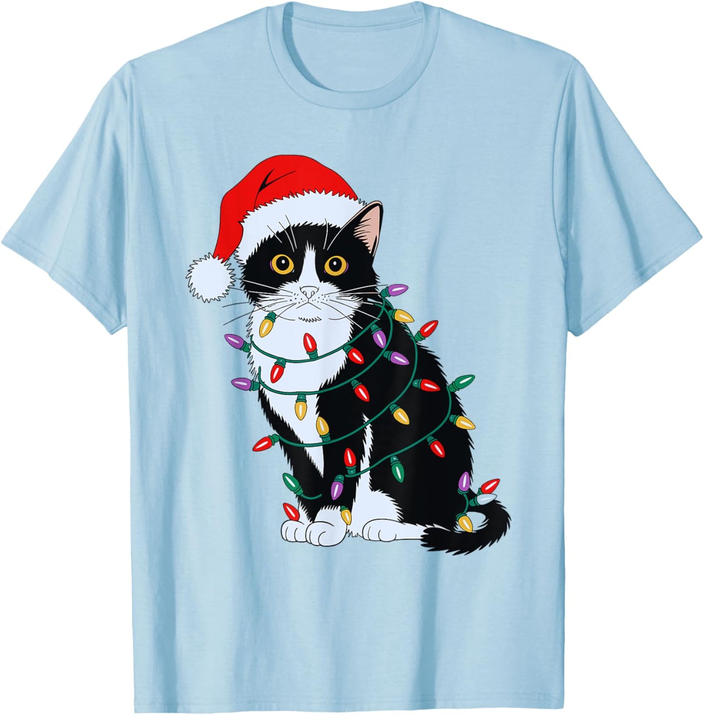 Tuxedo Cat Wearing Santa Hat Christmas Tree Lights Cat Lover T-Shirt - T-Shirt | Light Blue