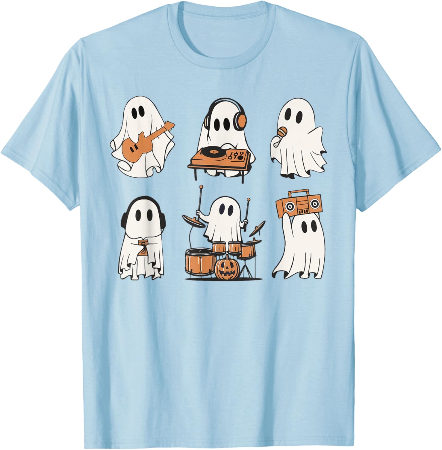 Ghost Love Music Ghost Playing Guitar Drum Halloween Costume T-Shirt - T-Shirt | Light Blue