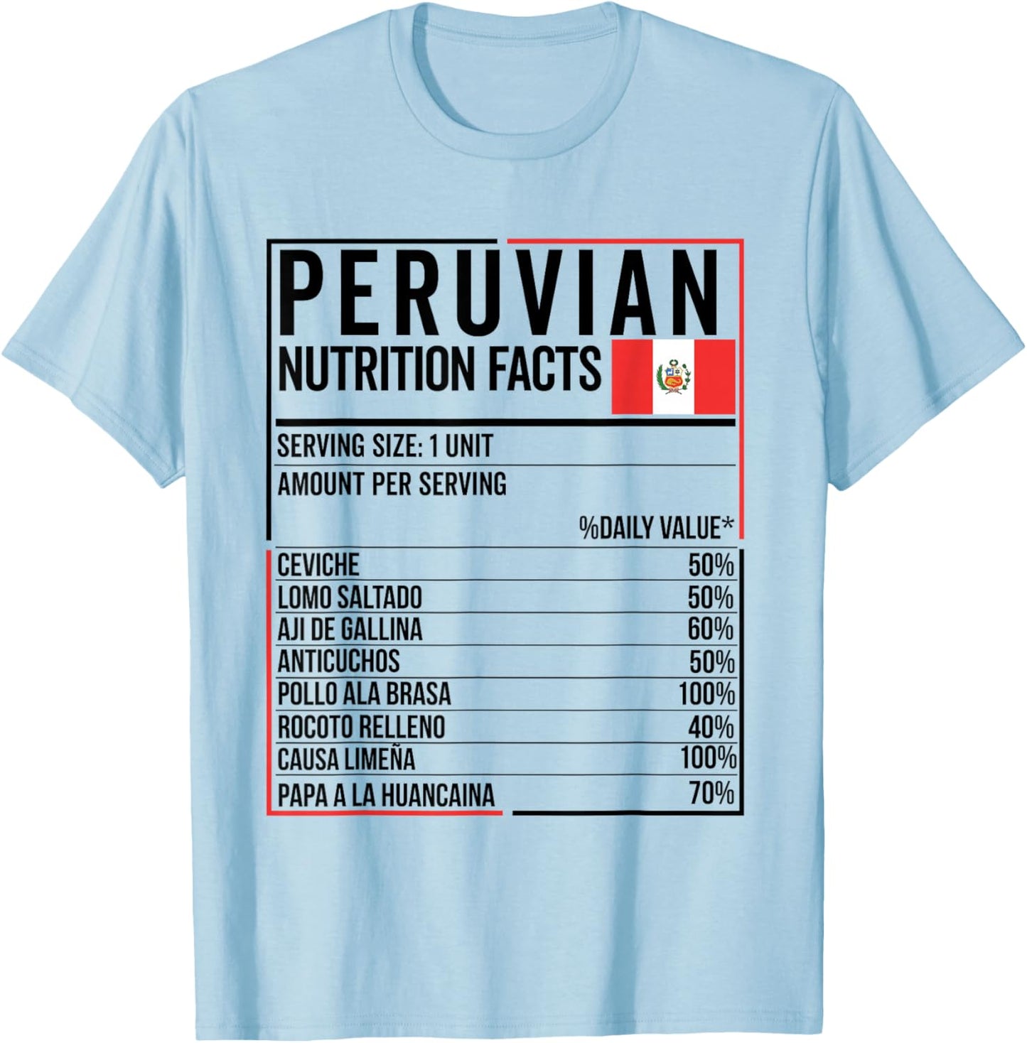 Peruvian Nutrition Facts Food Camiseta Peru Comida Peruana T-Shirt - T-Shirt | Light Blue