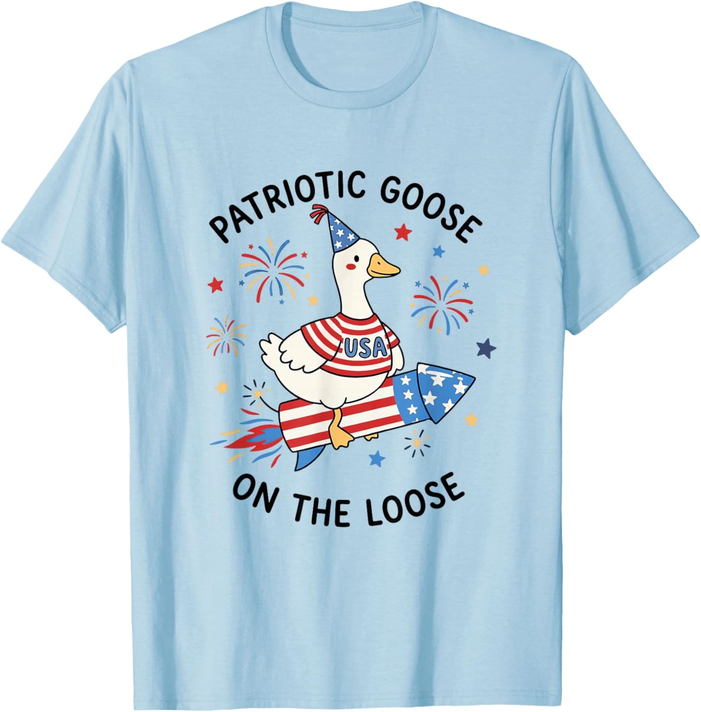 Patriotic Goose On-The-Loose USA 250th Anniversary July 4th T-Shirt - T-Shirt | Light Blue