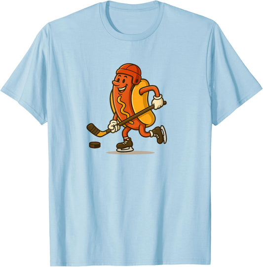 Funny Hot Dog Hockey Player Cartoon Mascot Art T-Shirt - T-Shirt | Light Blue