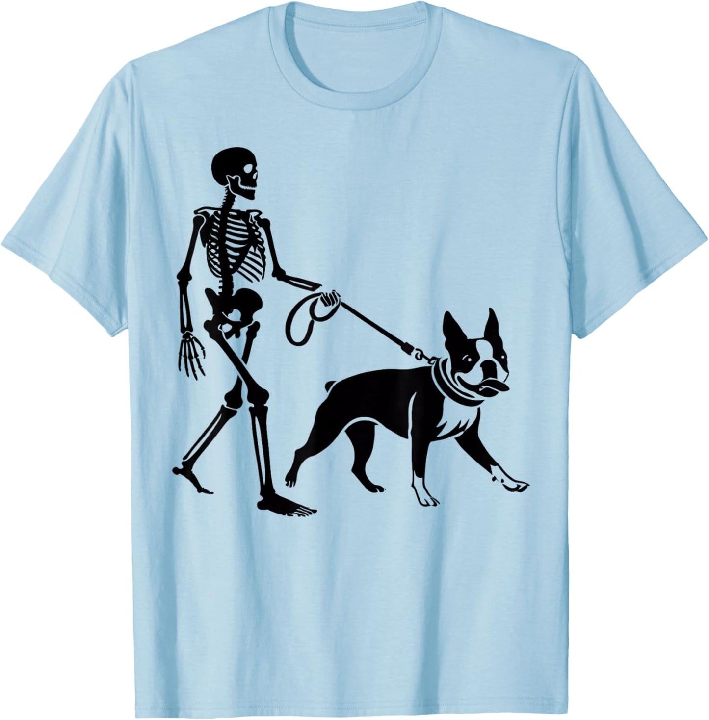 Funny Halloween Skeleton Walking Boston Terrier Dog Lover T-Shirt - T-Shirt | Light Blue
