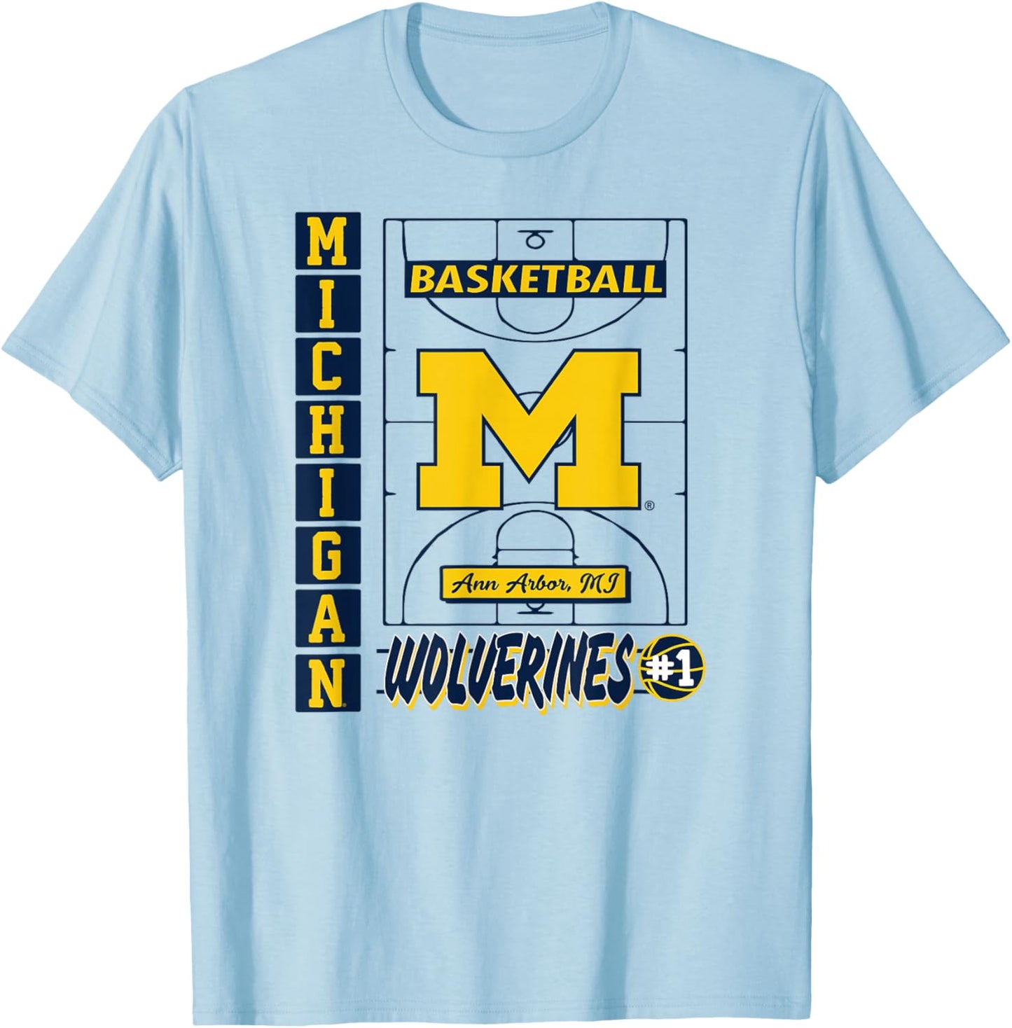 Michigan Wolverines Basketball Vintage Court Gray T-Shirt - T-Shirt | Light Blue