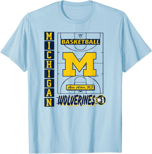 Michigan Wolverines Basketball Vintage Court Gray T-Shirt - T-Shirt | Light Blue