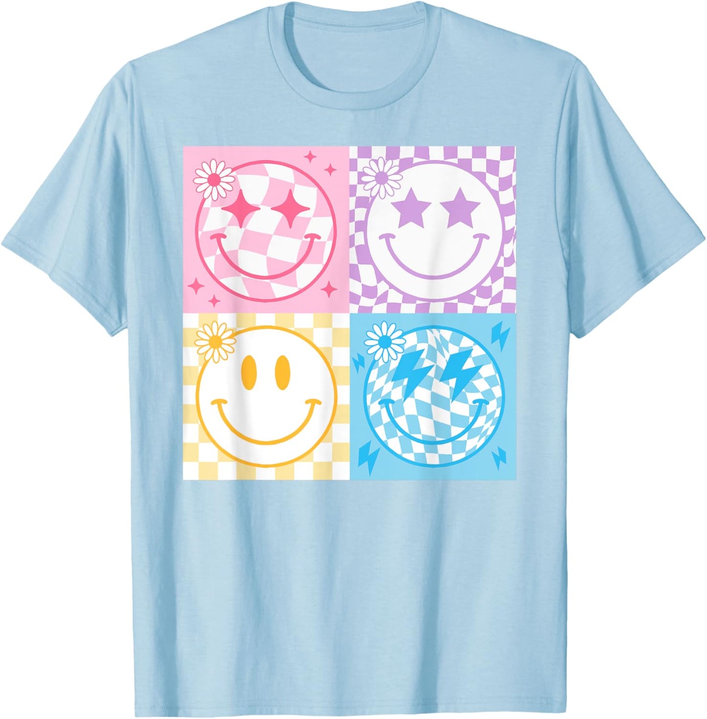 Happy Face Smile Checkered Pattern Retro Vibes Trendy Funny T-Shirt - T-Shirt | Light Blue