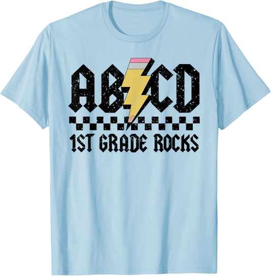 1st Grade Rock and Roll Letters ABCD Alphabet Back To School T-Shirt - T-Shirt | Light Blue