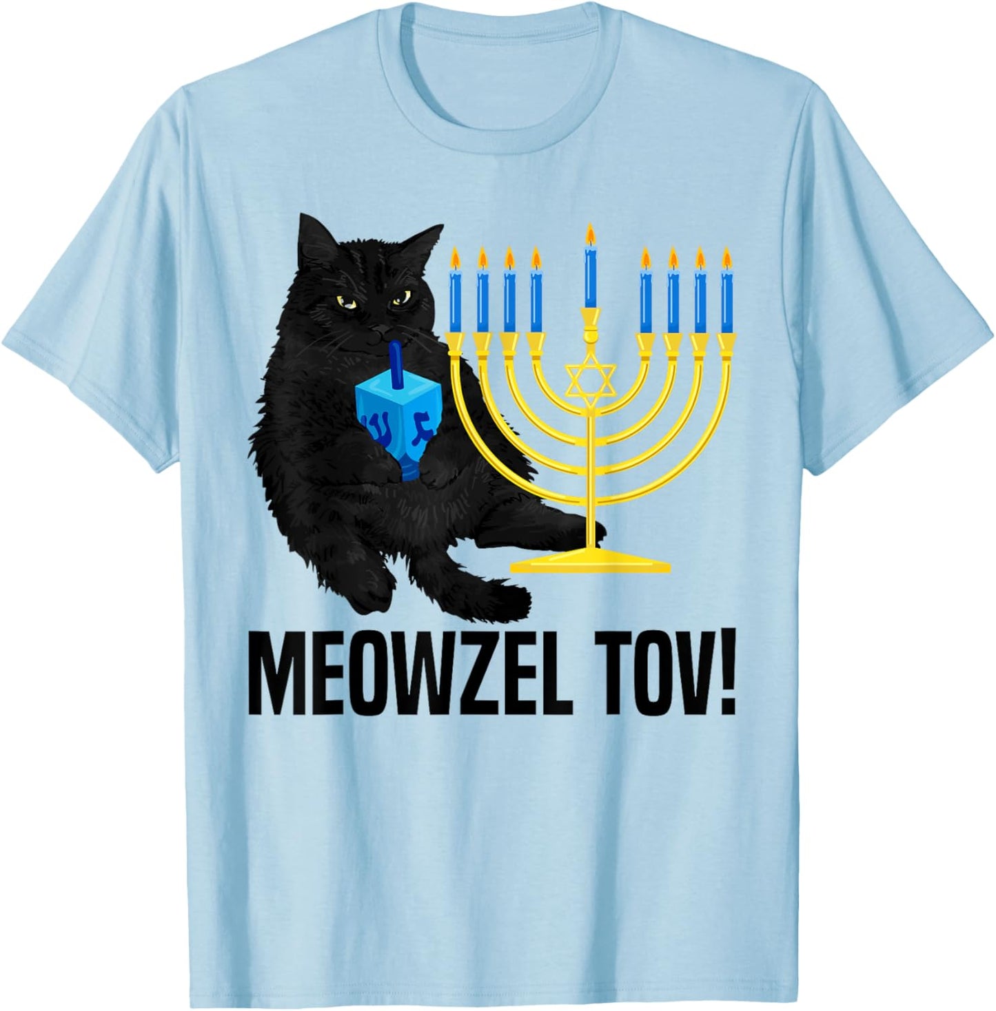 Meowzel Tov Black Cat Menorah Dreidel Hanukkah Chanukah PJS T-Shirt - T-Shirt | Light Blue