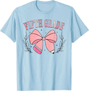 5th Grade Teacher Pencil Coquette Bow Back To School Teacher Women Girls Kids T-Shirt - T-Shirt | Light Blue