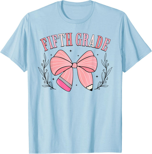5th Grade Teacher Pencil Coquette Bow Back To School Teacher Women Girls Kids T-Shirt - T-Shirt | Light Blue