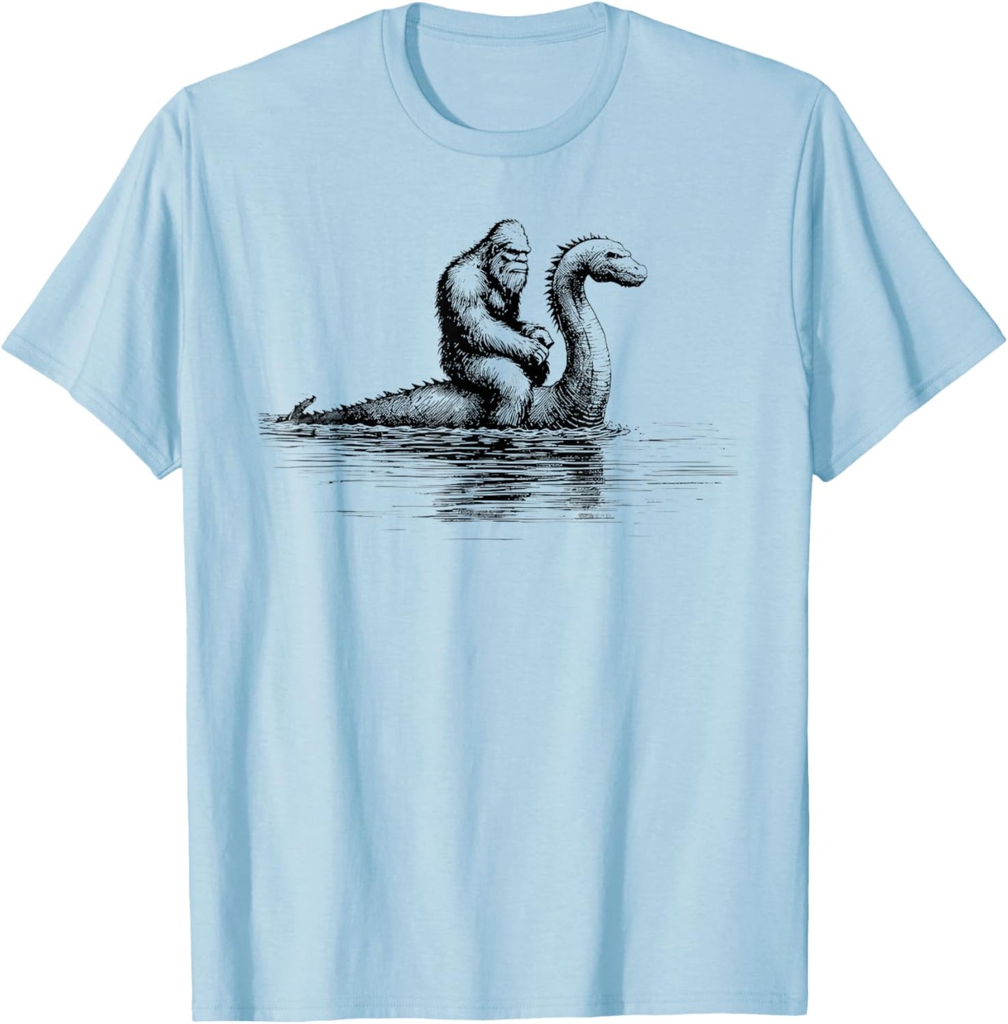 Funny Bigfoot Sasquatch Riding Loch Ness Monster Cryptid T-Shirt - T-Shirt | Light Blue