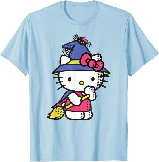 Hello Kitty Halloween Witches Broom with Purple Cape and Hat T-Shirt - T-Shirt | Light Blue