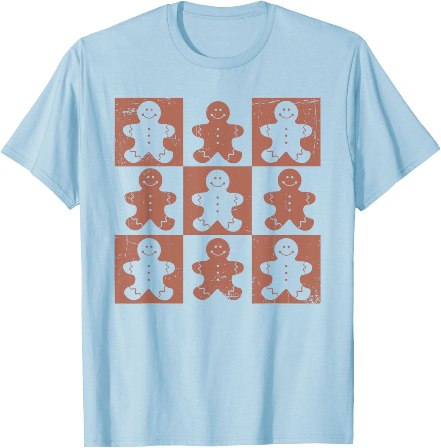 Vintage Christmas Gifts Women Men Gingerbread Retro Checkered Gingerbread Man Distressed Christmas Pajamas T-Shirt - T-Shirt | Light Blue