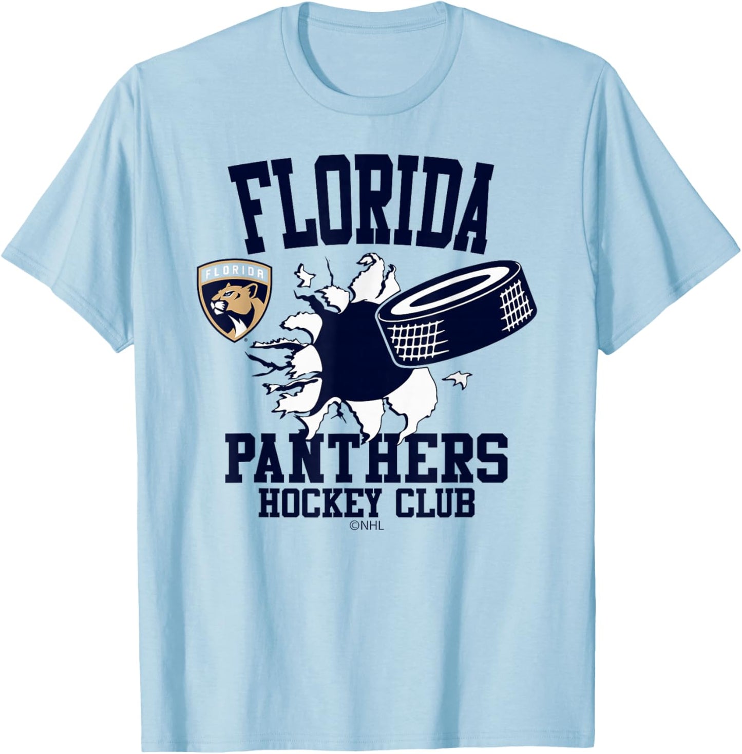 Florida Panthers Hockey Puck Burst Red Officially Licensed T-Shirt - T-Shirt | Light Blue