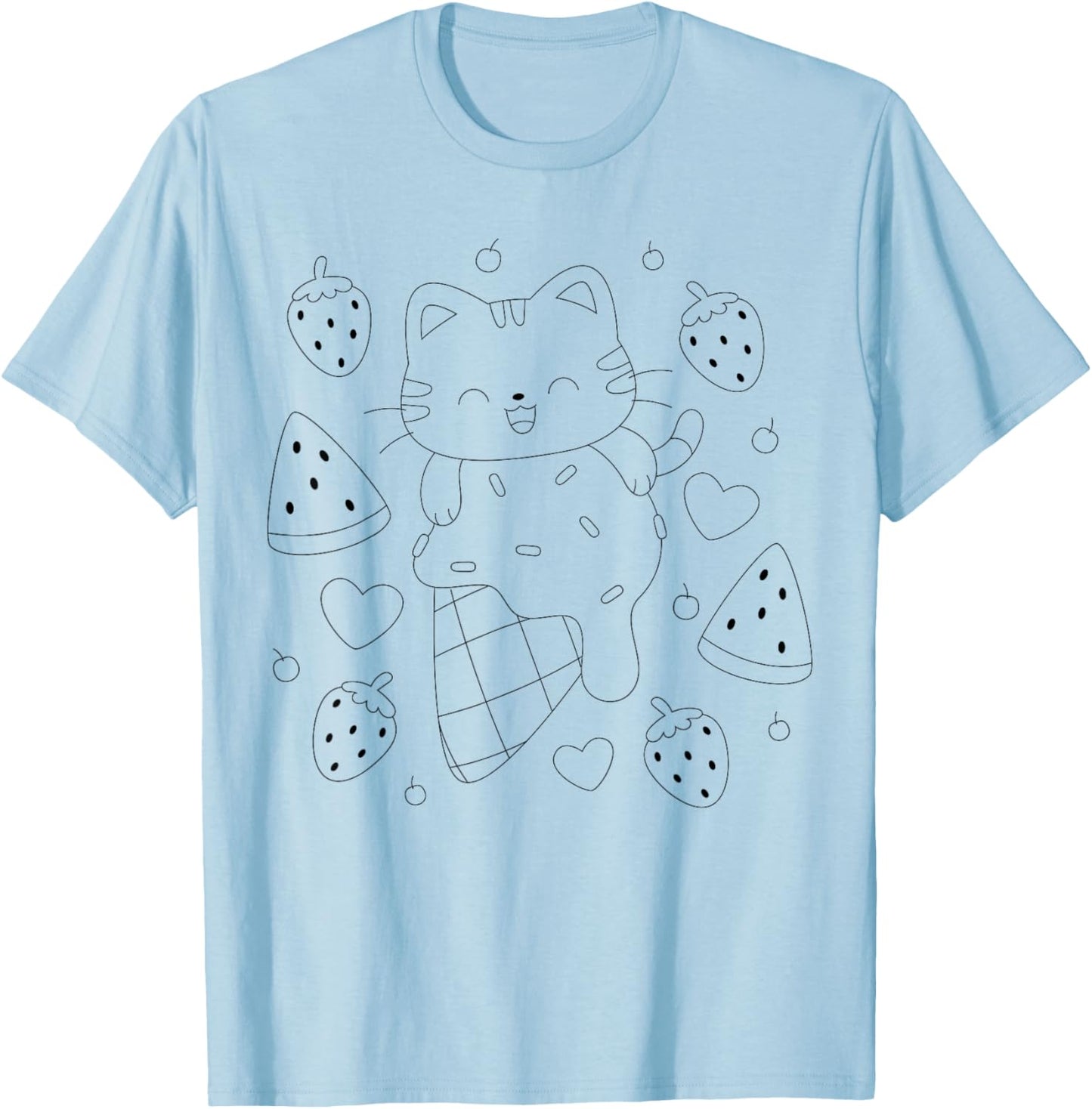 Cat with ice cream and strawberry to paint and color T-Shirt - T-Shirt | Light Blue