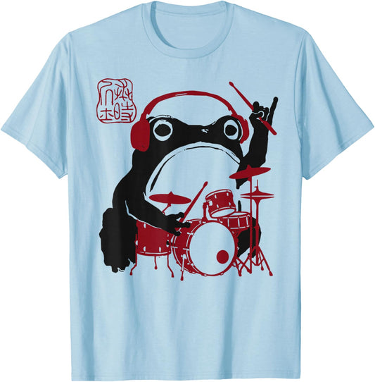 Grumpy Frog Funny Drums Rock Music Anime Japanese T-Shirt - T-Shirt | Light Blue