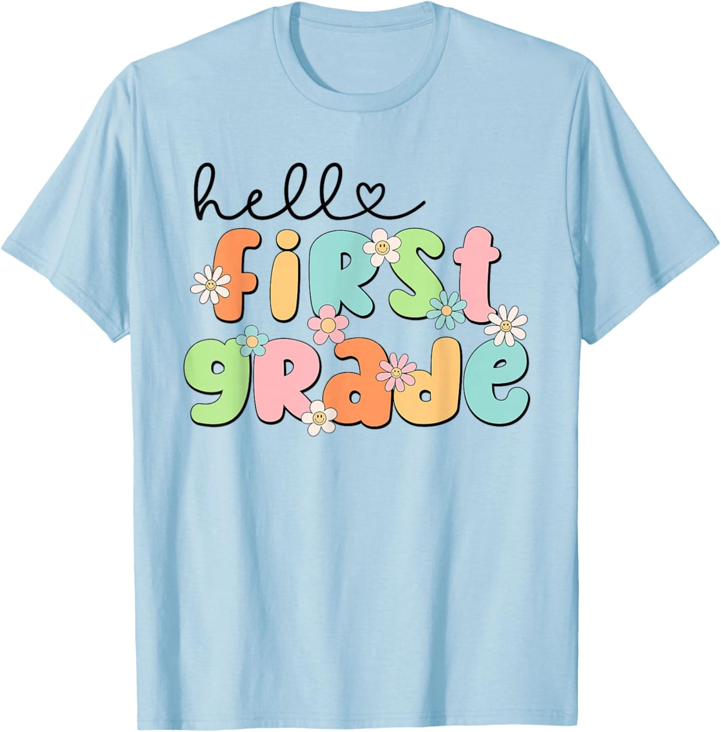 Hello 1st Grade Back to School Groovy Teacher Kids Girls T-Shirt - T-Shirt | Light Blue