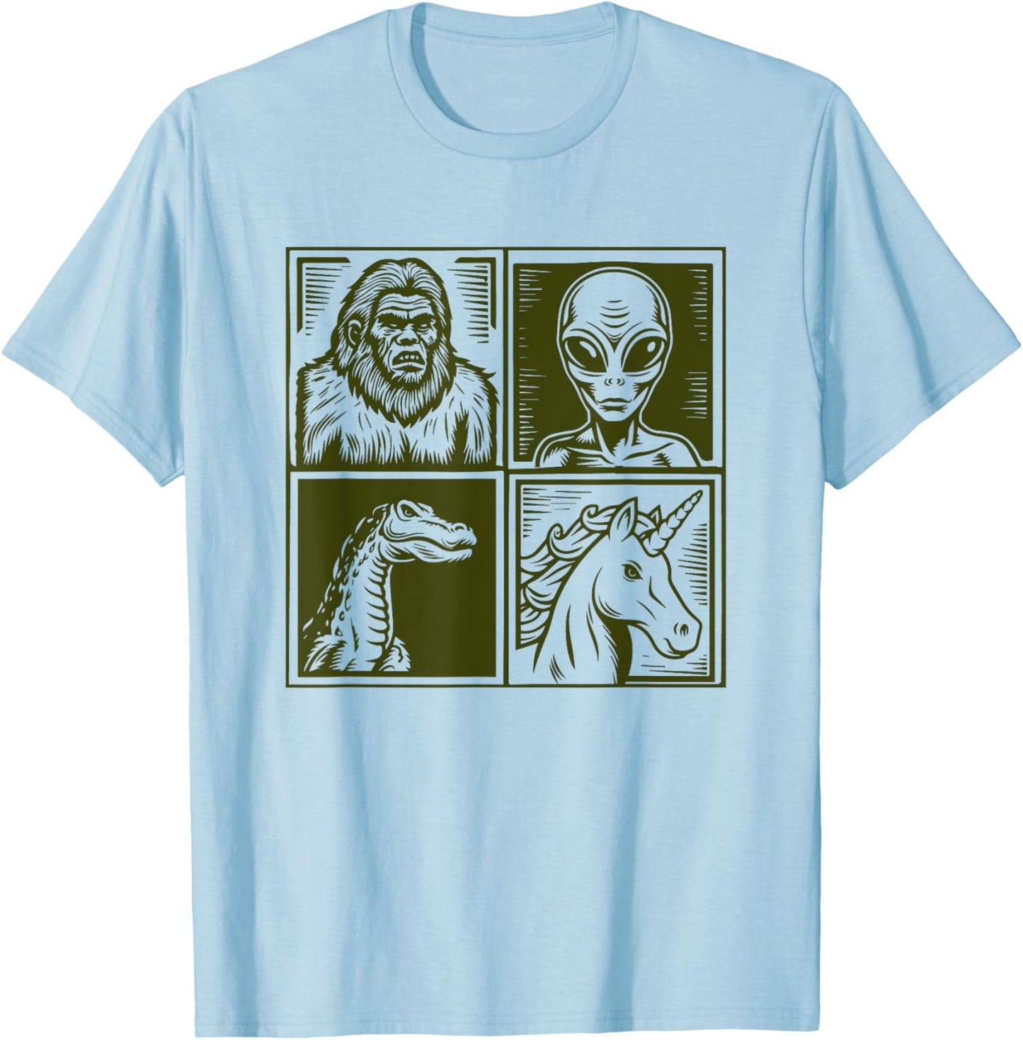 Cryptid Bigfoot Unicorn Alien Lock Ness Pop Art Style Art T-Shirt - T-Shirt | Light Blue