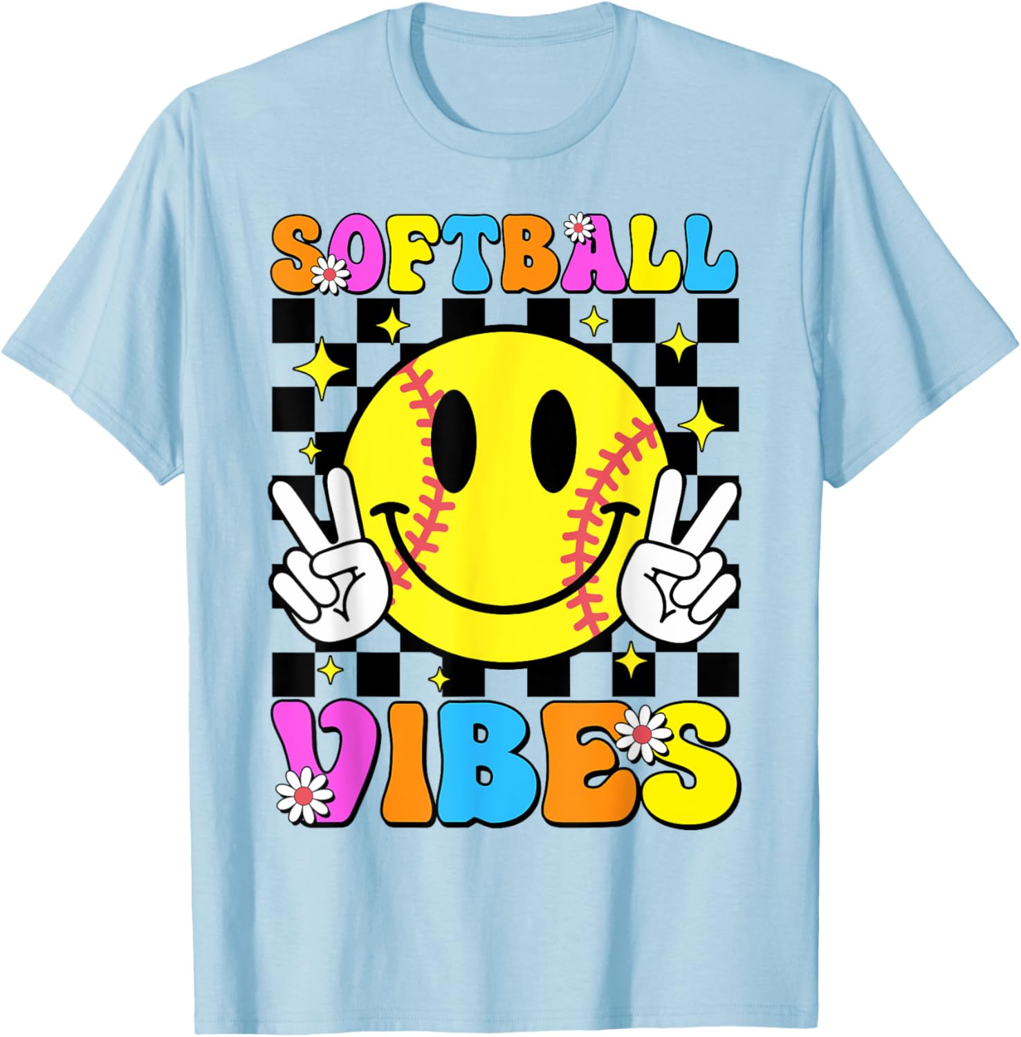 Groovy Softball Vibes Smile Face Checkered Girls Women T-Shirt - T-Shirt | Light Blue