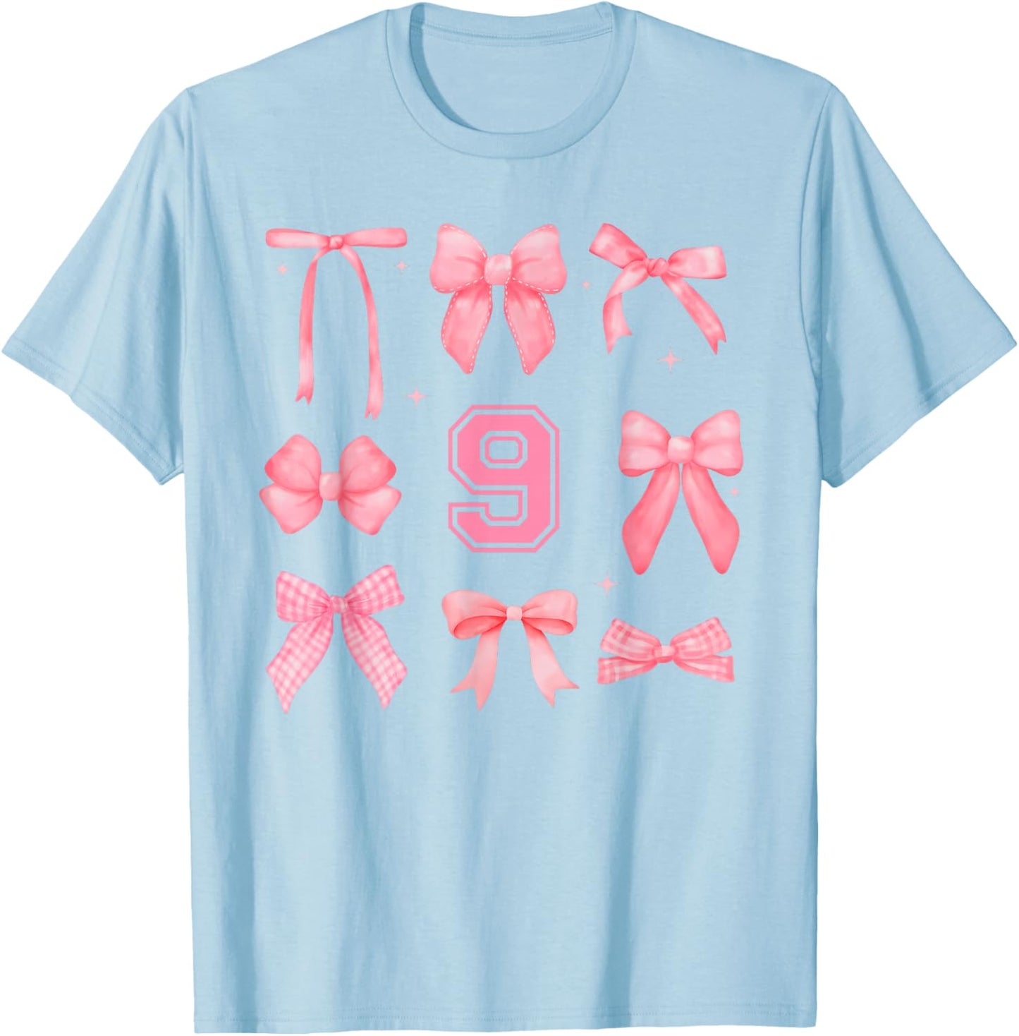 Hello Nine Coquette Preppy Pink Bow 9th Ninth Birthday Girl T-Shirt - T-Shirt | Light Blue
