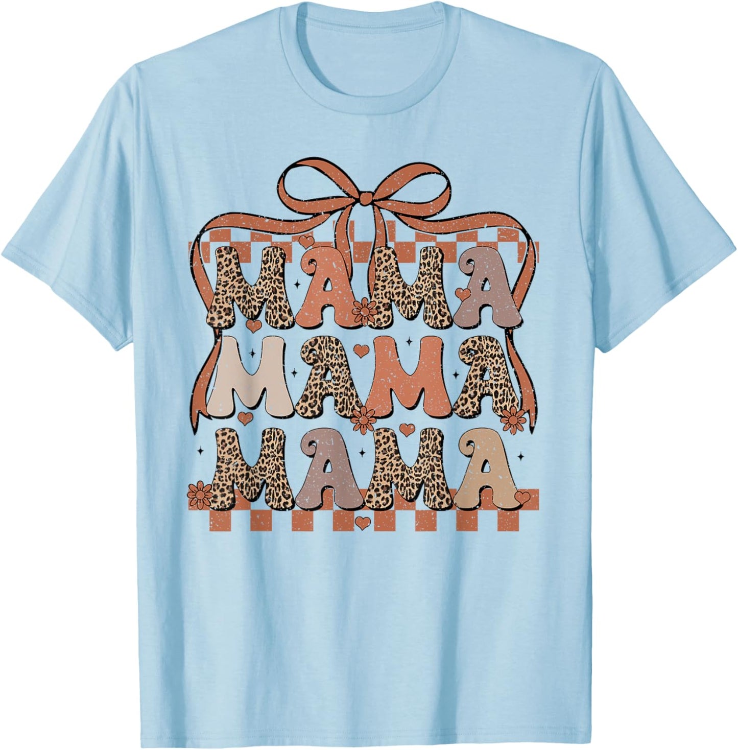 Retro Mama Coquette Bows Checkered Leopard Mom Mother's Day T-Shirt - T-Shirt | Light Blue