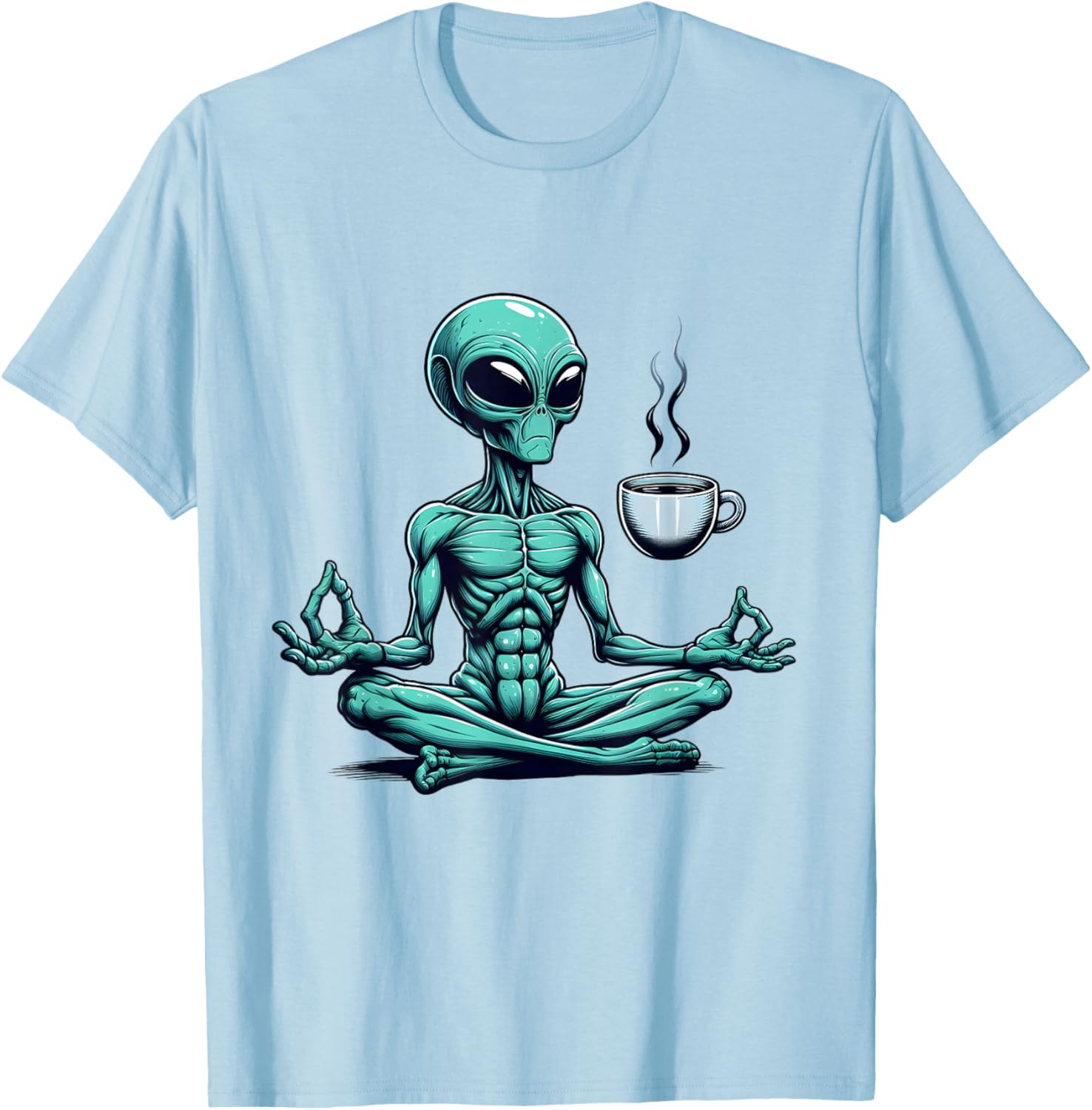 Alien Yoga With Coffee Mug UFO Lover Funny Meditate Poses T-Shirt - T-Shirt | Light Blue