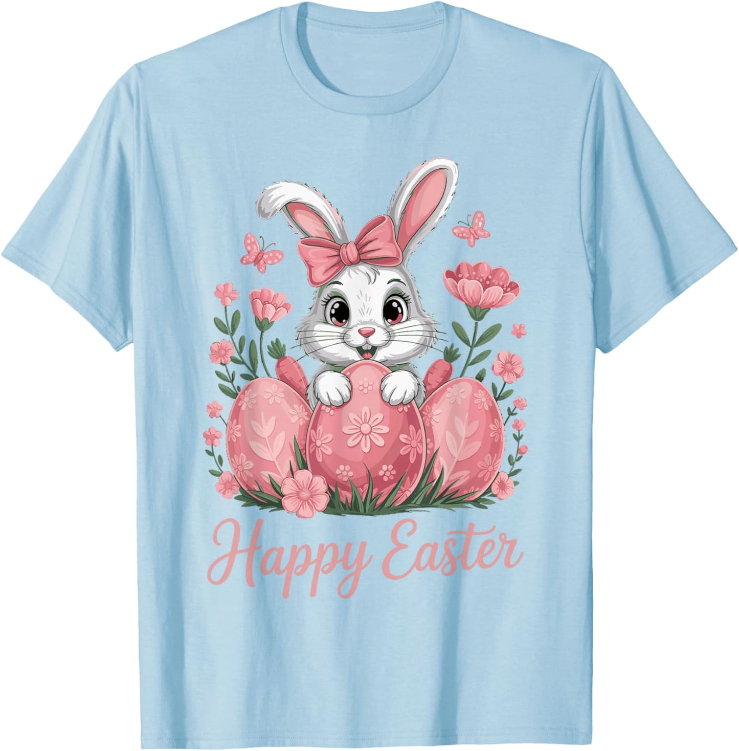 Cute Pink Bunny Eggs Flowers Happy Easter T-Shirt - T-Shirt | Light Blue