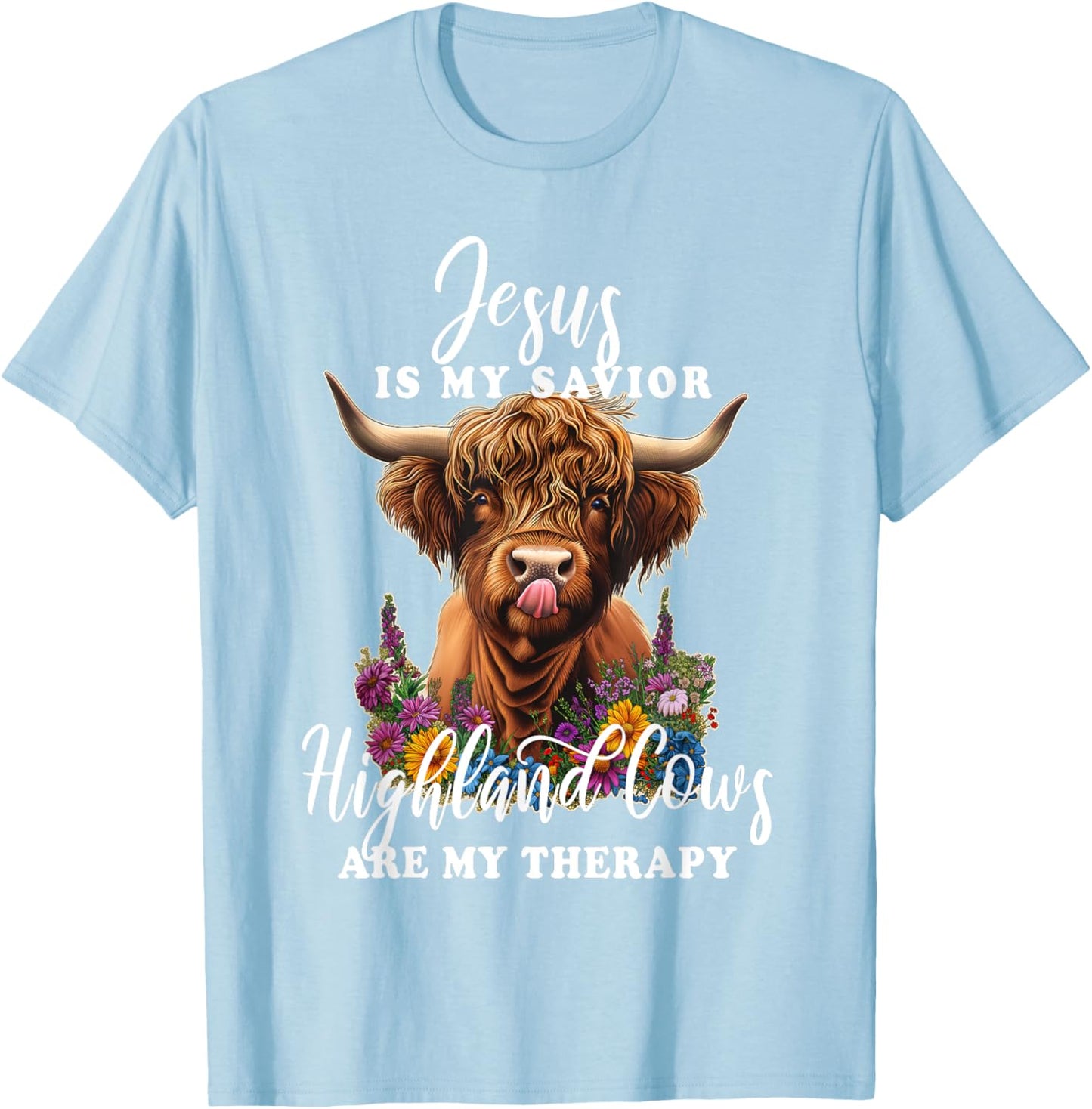 Highland Cow Jesus Christian Religious Highland Cow T-Shirt - T-Shirt | Light Blue