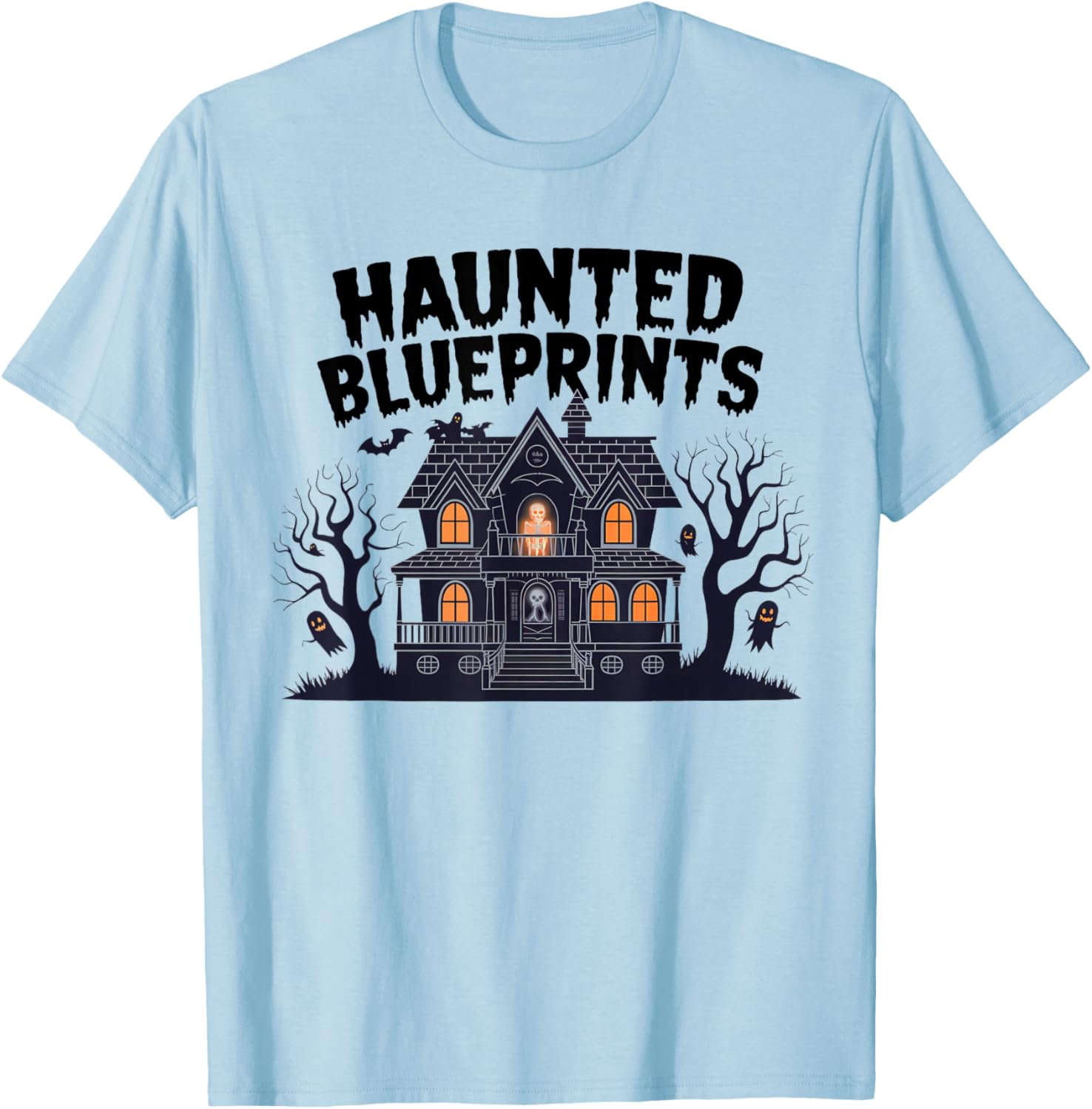 Haunted Blueprints Ghostly House Architect Halloween T-Shirt - T-Shirt | Light Blue