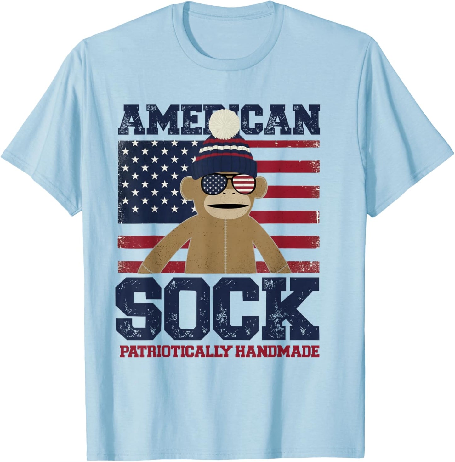 American Sock– Patriotic Sock Monkey Graphic T-Shirt - T-Shirt | Light Blue