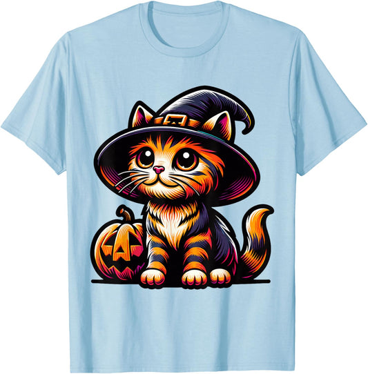 Halloween Cat Funny Fall Pumpkin Cat Lover Cute T-Shirt - T-Shirt | Light Blue
