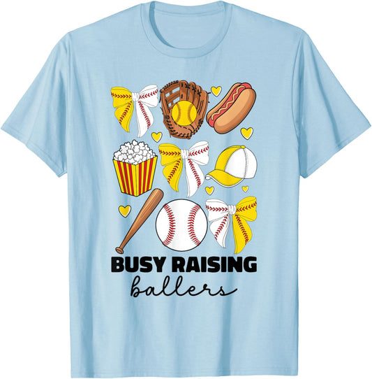 Busy Raising Ballers Baseball And Softball Mom Coquette Bow T-Shirt - T-Shirt | Light Blue