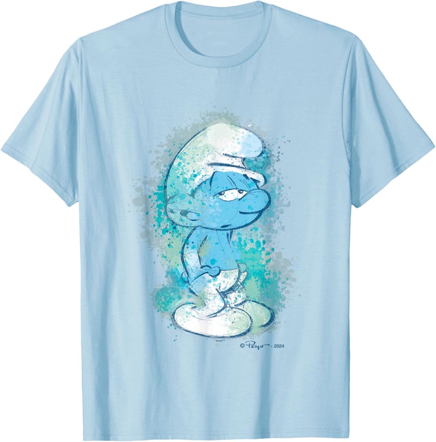 The Smurfs Lazy Smurf Watercolor Portrait Distressed T-Shirt - T-Shirt | Light Blue