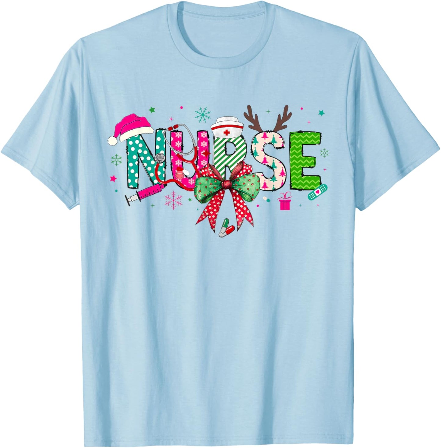 Christmas Nurse Stethoscope Xmas Coquette Bow Nursing School T-Shirt - T-Shirt | Light Blue