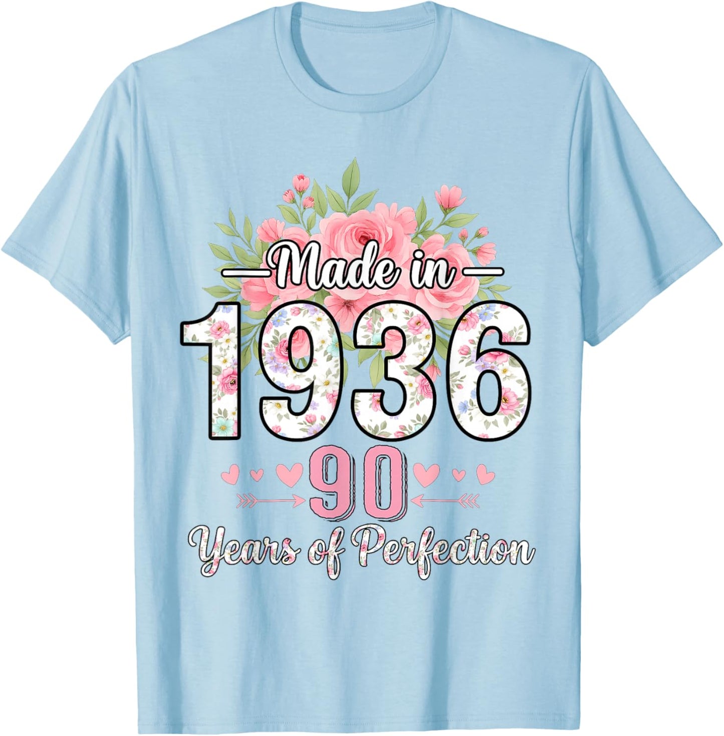 Cadeaux Floraux pour 90e Anniversaire pour Femmes de 90 Ans, fabriqués en 1936 T-Shirt - T-Shirt | Light Blue